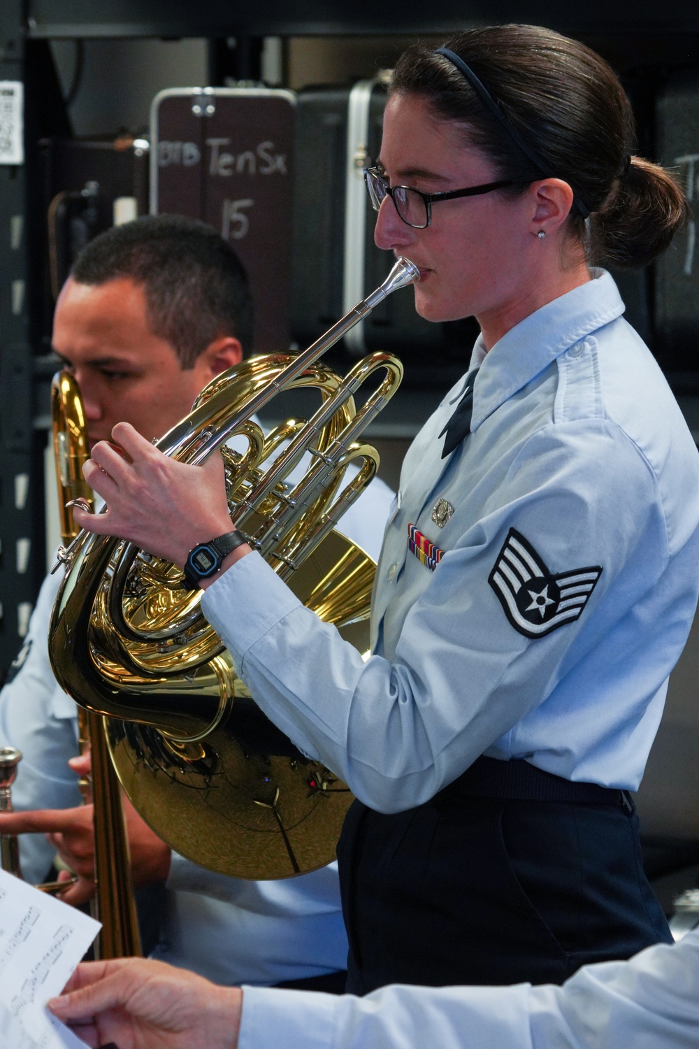 Rough Rider students watch the West Coast Jazz Ensemble of the Air Force perform Apr 27, 2023