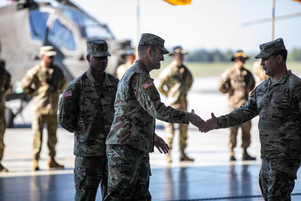 Col. Morris shakes the hand of Col. Vanek during TOA in Powidz, Poland.