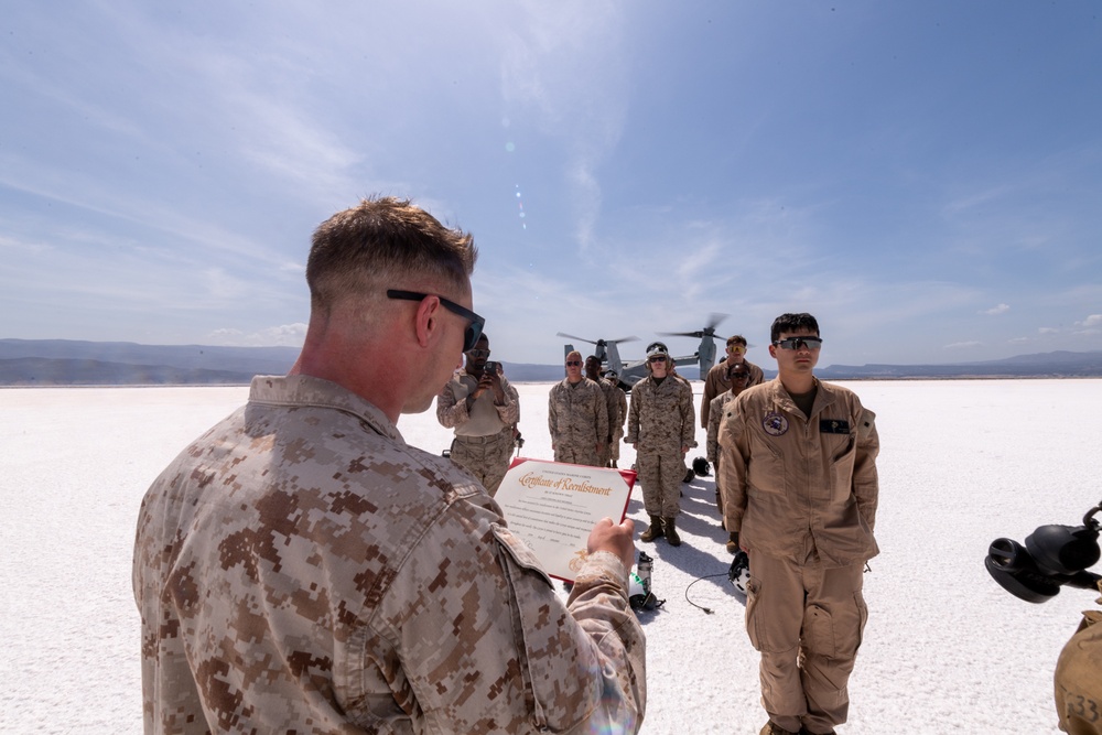 Three Marines assigned to VMM-364 (REIN) ‘Purple Foxes’ were promoted and one re-enlisted during a ceremony on Lake Assal, Djibouti.