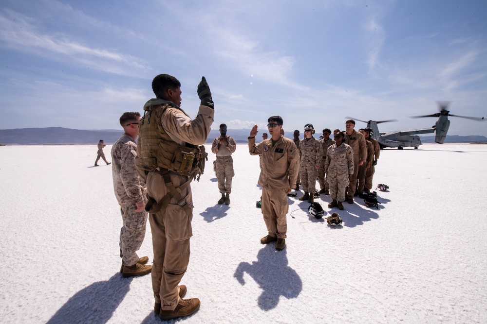 Three Marines assigned to VMM-364 (REIN) ‘Purple Foxes’ were promoted and one re-enlisted during a ceremony on Lake Assal, Djibouti.