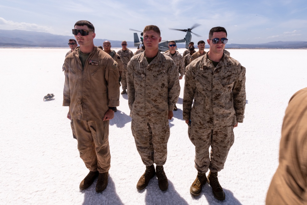 Three Marines assigned to VMM-364 (REIN) ‘Purple Foxes’ were promoted and one re-enlisted during a ceremony on Lake Assal, Djibouti.