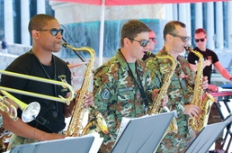 U.S. Army Soldiers play with North Macedonian Soldiers at a concert