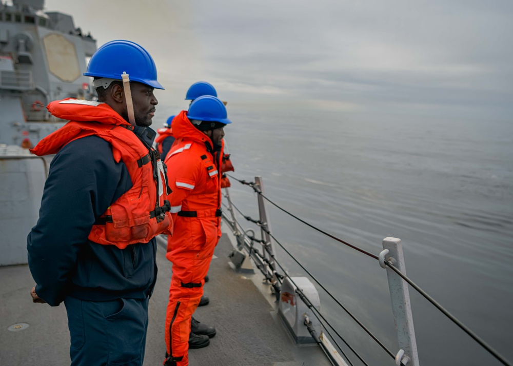 USS Oscar Austin (DDG 79) conducts replenishment-at-sea with Spanish Navy replenishment oiler Patiño (A 14) during exercise Formidable Shield 2023