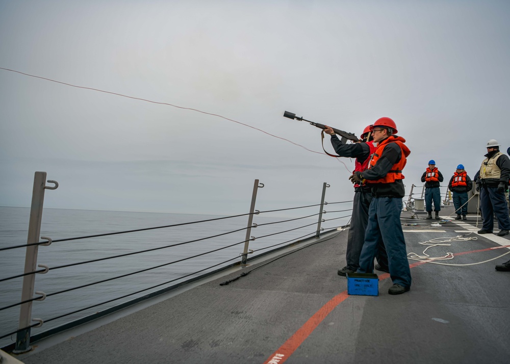 USS Oscar Austin (DDG 79) conducts underway replenishment with the Spanish Navy replenishment oiler Patiño (A 14) during exercise Formidable Shield 2023