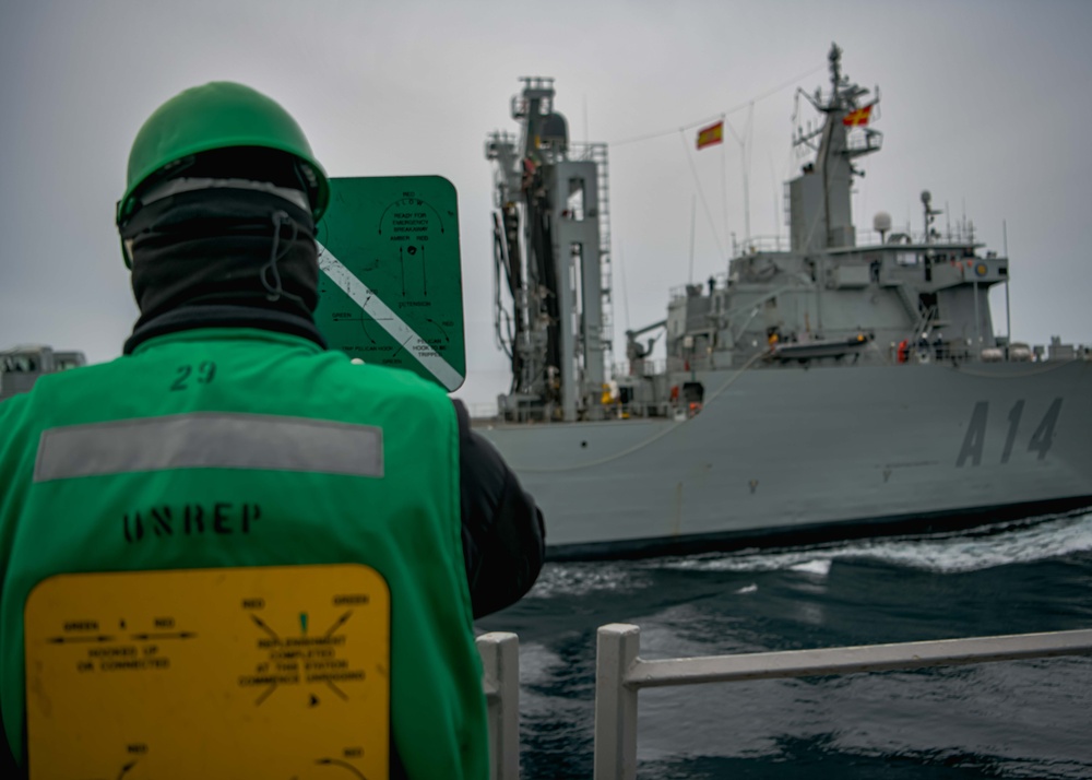 USS Oscar Austin (DDG 79) conducts replenishment-at-sea with the Spanish Navy replenishment oiler Patiño (A 14) during exercise Formidable Shield 2023