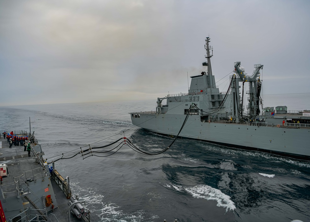 USS Oscar Austin (DDG 79) conducts replenishment-at-sea with the Spanish Navy replenishment oiler Patiño (A 14) during exercise Formidable Shield 2023