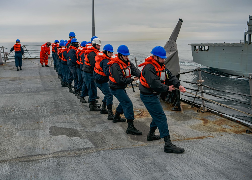 USS Oscar Austin (DDG 79) conducts replenishment-at-sea with the Spanish Navy replenishment oiler Patiño (A 14) during exercise Formidable Shield 2023