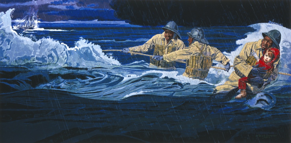 Coast Guard Art Program, Moments in History Collection, Ob ID # 88221, &quot;Pea Island lifesaving crew makes a rescue,&quot; Roy LaGrone, COGIL