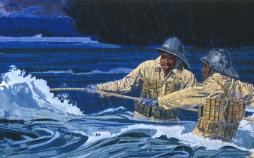 Coast Guard Art Program, Moments in History Collection, Ob ID # 88221, &quot;Pea Island lifesaving crew makes a rescue,&quot; Roy LaGrone, COGIL