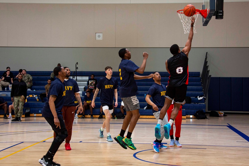 Abraham Lincoln Sailors play basketball during the Battle of the Carriers