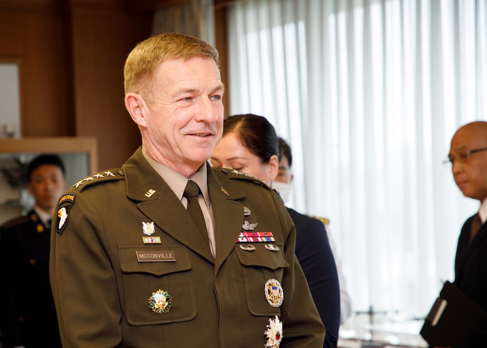 Gen. James C. McConville, chief of staff of the Army, visited Japan's Ministry of Defense at Camp Ichigaya on May 8, 2023