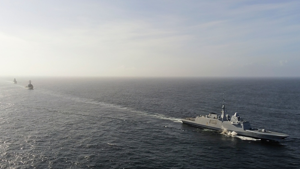 Allied ships sail together during exercise Formidable Shield 2023