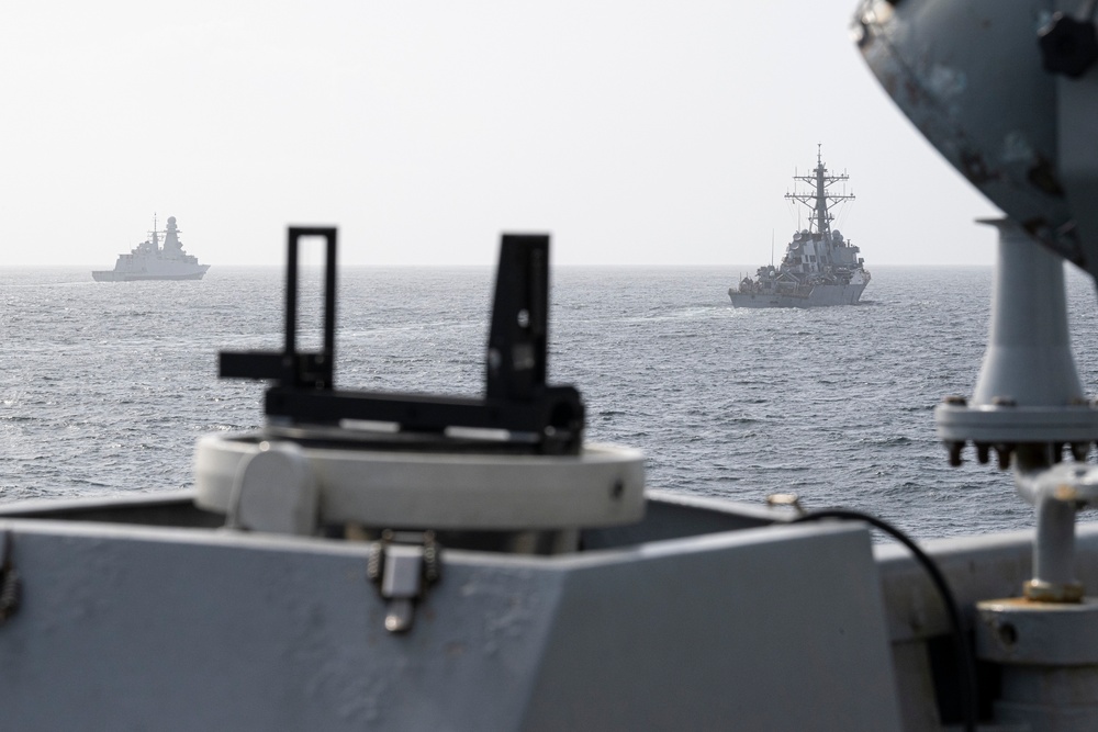 Allied ships sail together during exercise Formidable Shield 2023