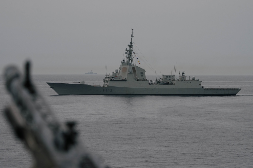 Allied ships sail together during exercise Formidable Shield 2023
