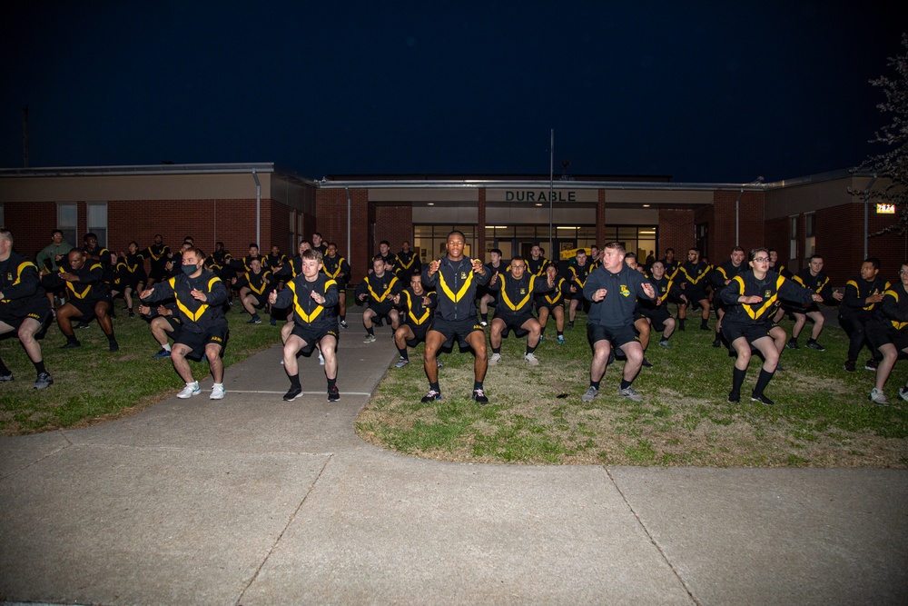 CSM Raby conducts PT with junior enlisted Soldiers