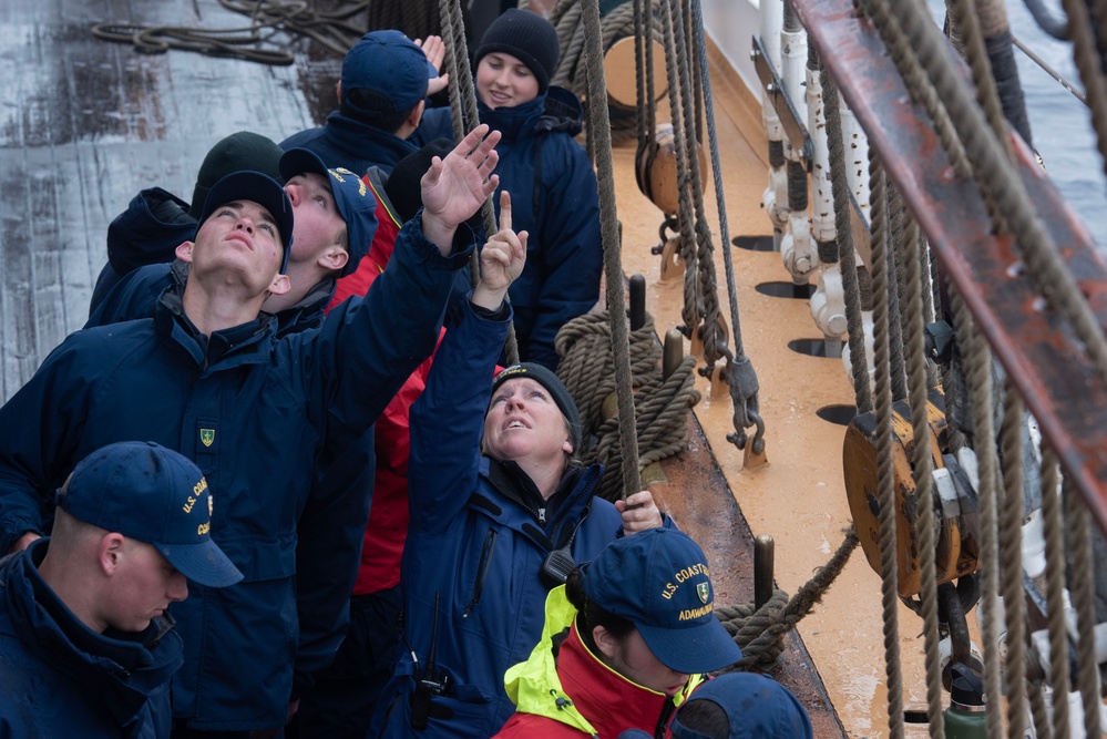 USCGC Eagle personnel set sailing stations while underway in the North Sea