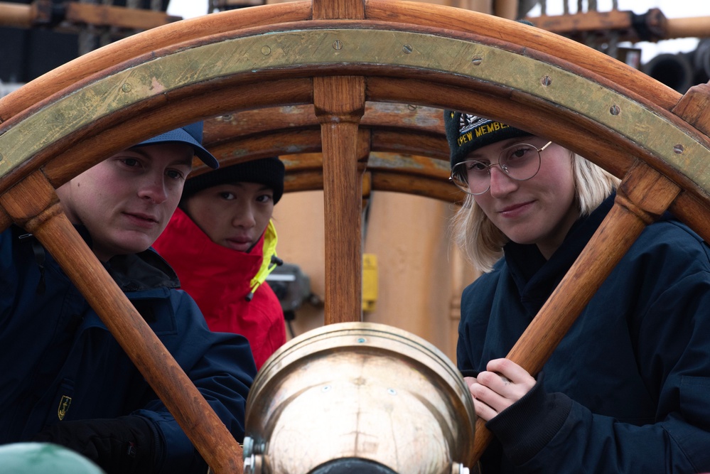 USCGC Eagle sets sailing stations while underway in the North Sea