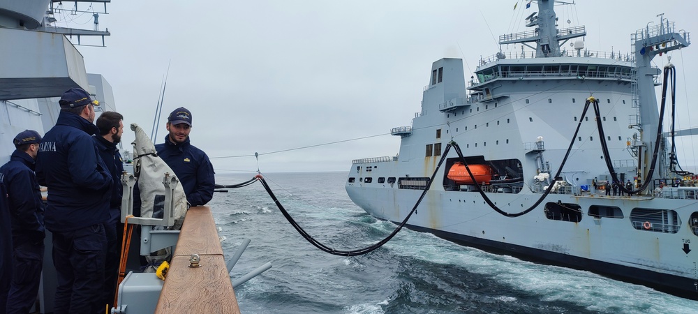 ITS Margottini (F 592) conducts replenishment-at-sea during exercise Formidable Shield 2023