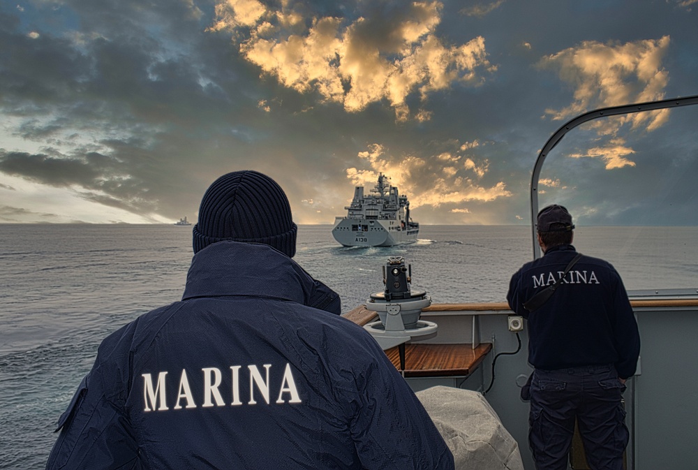 ITS Margottini (F 592) conducts replenishment-at-sea during exercise Formidable Shield 2023