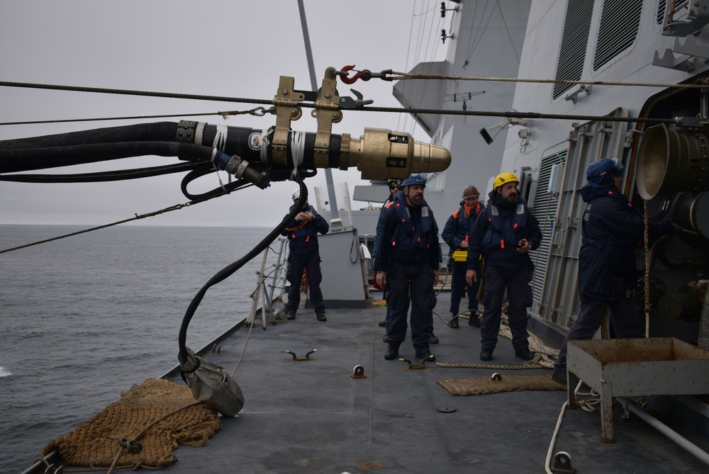 ITS Margottini (F 592) conducts replenishment-at-sea during exercise Formidable Shield 2023
