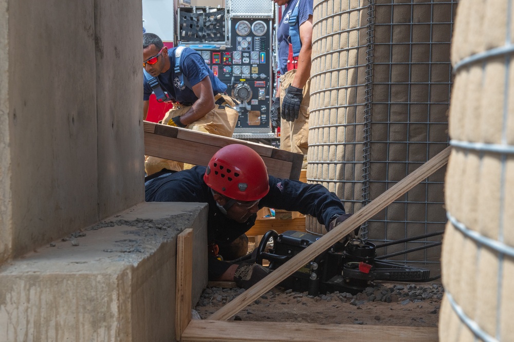 Members of Camp Lemonnier Fire and Emergency Medical Services, participate in a training exercise at Camp Lemonnier, Djibouti