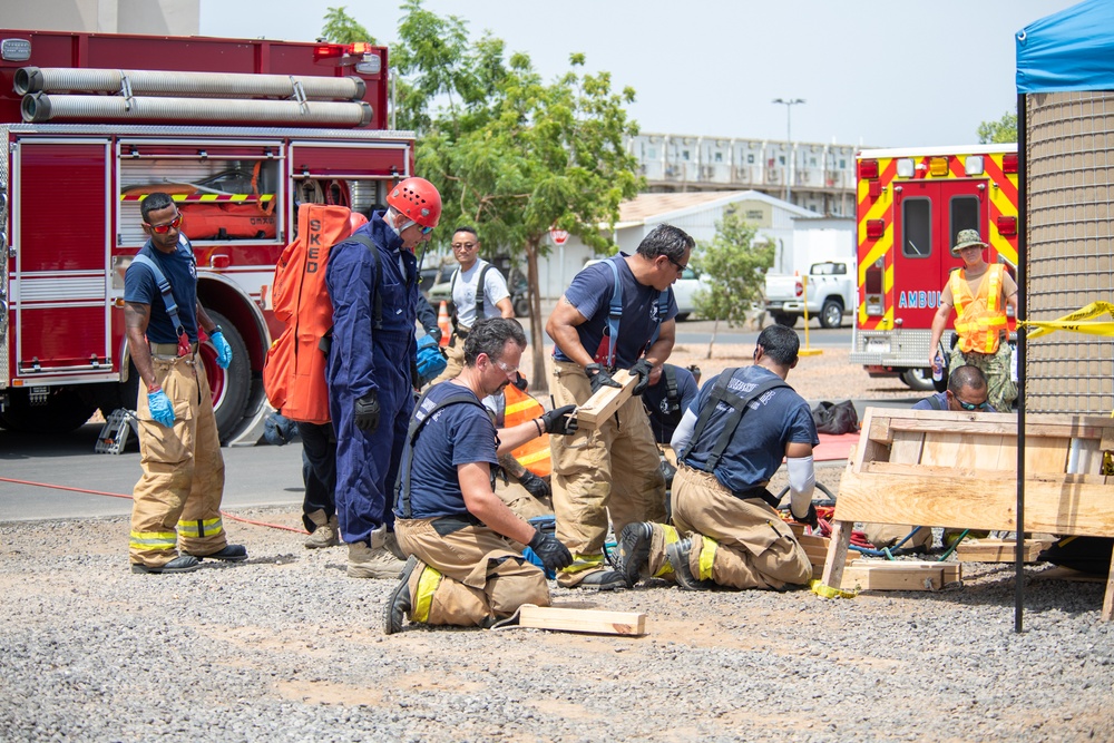 Members of Camp Lemonnier Fire and Emergency Medical Services, participate in a training exercise at Camp Lemonnier, Djibouti