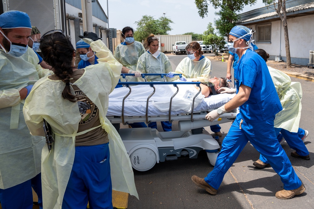 Members of Camp Lemonnier Fire and Emergency Medical Services, participate in a training exercise at Camp Lemonnier, Djibouti