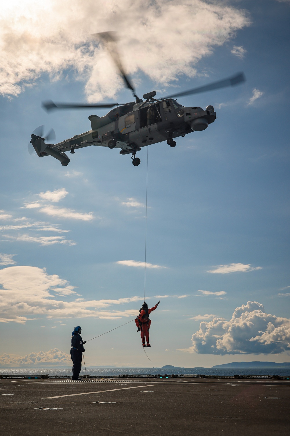 Wildcat lifting and winching on HMS Defender