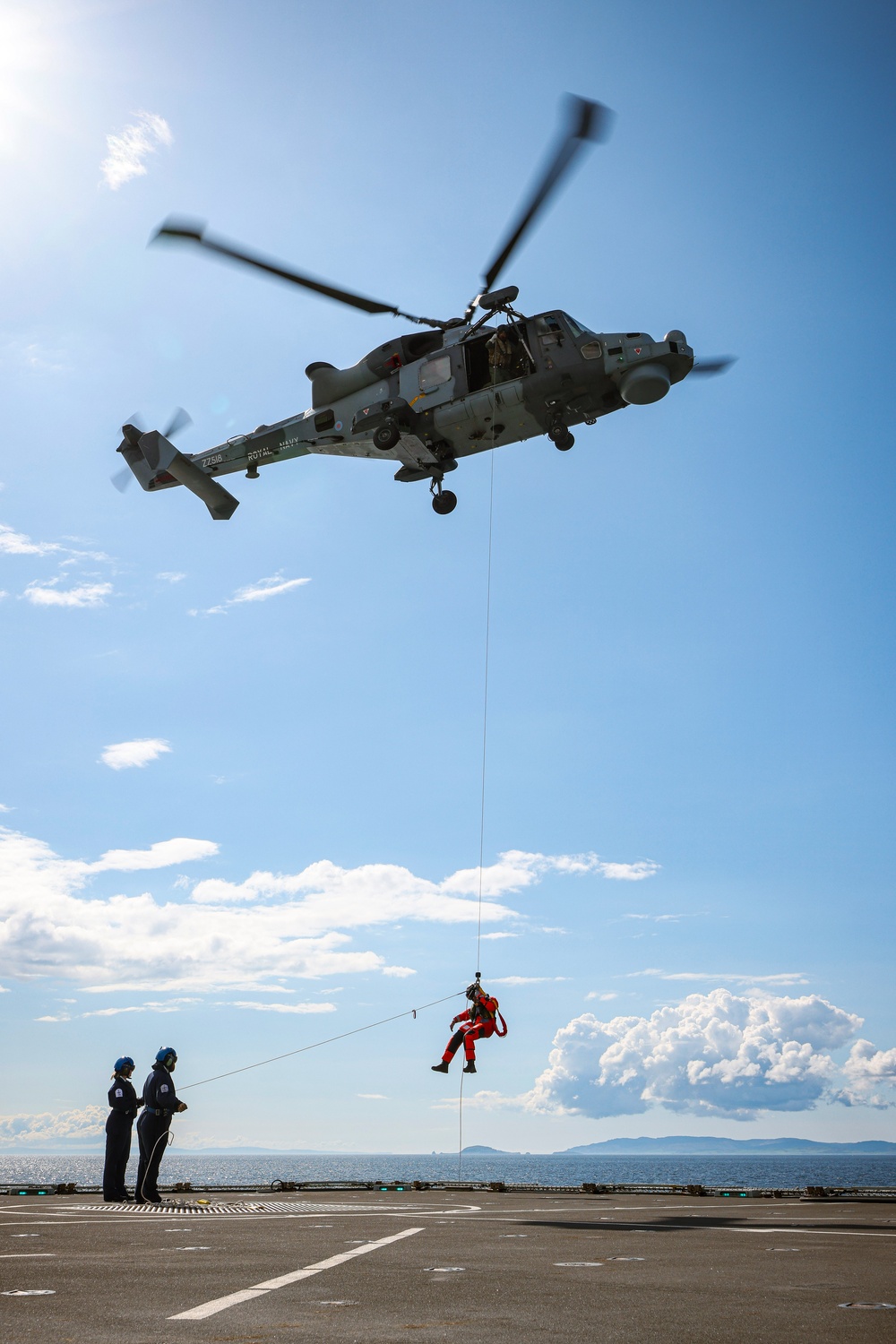 Wildcat lifting and winching on HMS Defender