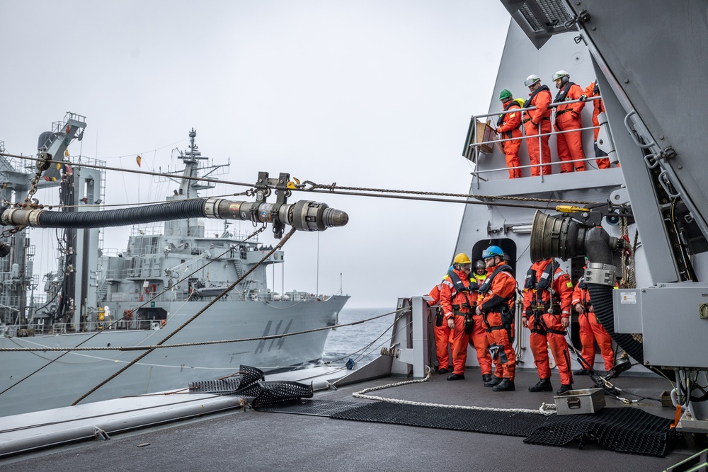 HNLMS Tromp (F803) conducts replenishment-at-sea with Spanish oiler Patiño