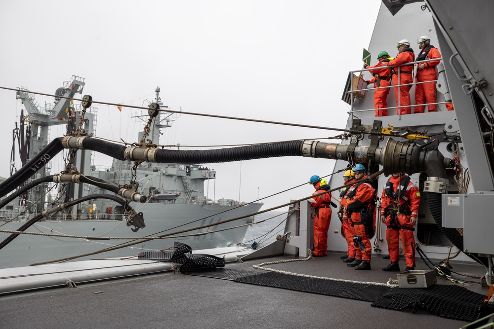 HNLMS Tromp (F803) conducts replenishment-at-sea with Spanish oiler Patiño