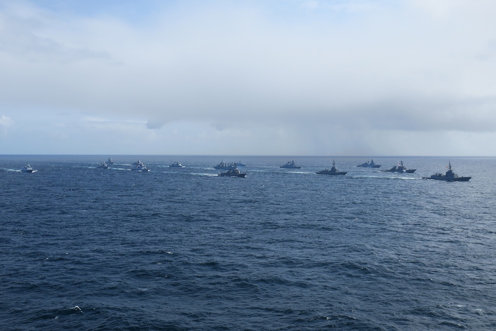 Allied ships sail together during exercise Formidable Shield 2023