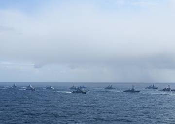 Allied ships sail together during exercise Formidable Shield 2023
