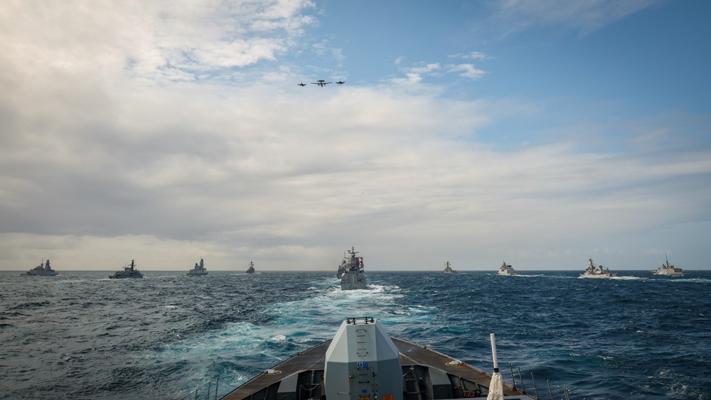 Allied ships sail together during exercise Formidable Shield 2023