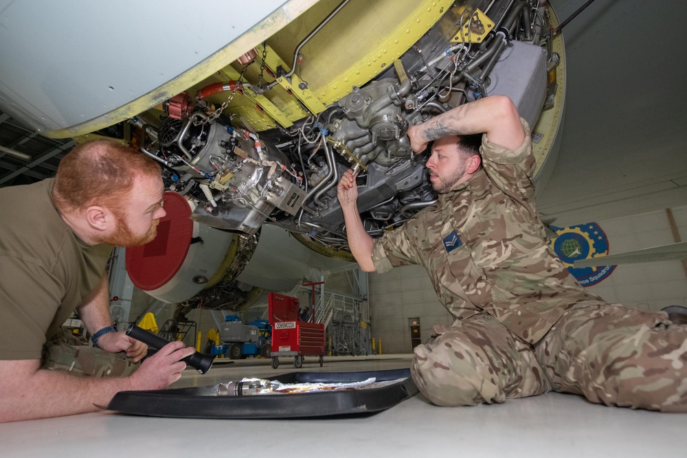 RAF maintainers measure fluid levels