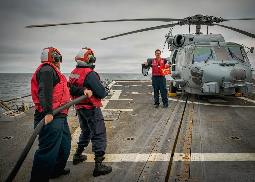 USS Oscar Austin (DDG 79) conducts a crash and salvage drill during Formidable Shield 2023