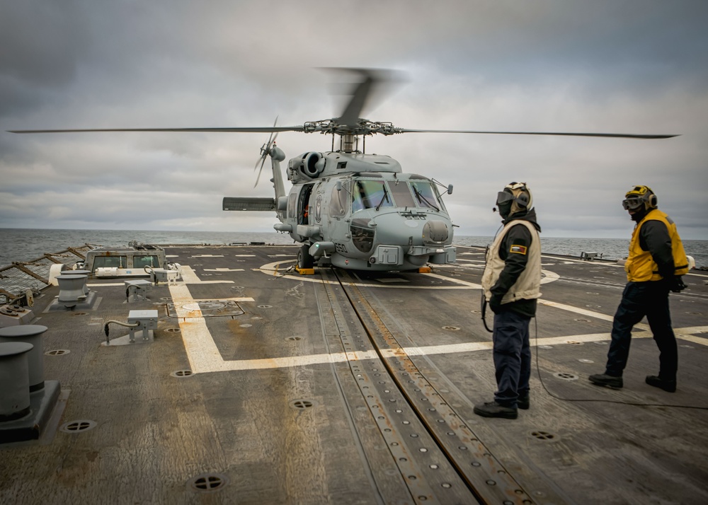 USS Oscar Austin (DDG 79) conducts a crash and salvage drill during Formidable Shield 2023