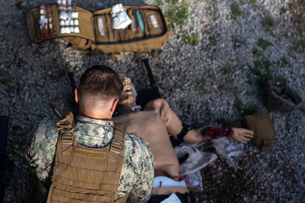 U.S. Navy Sailors conduct a Tactical Casualty Care Tier Three Instructor test