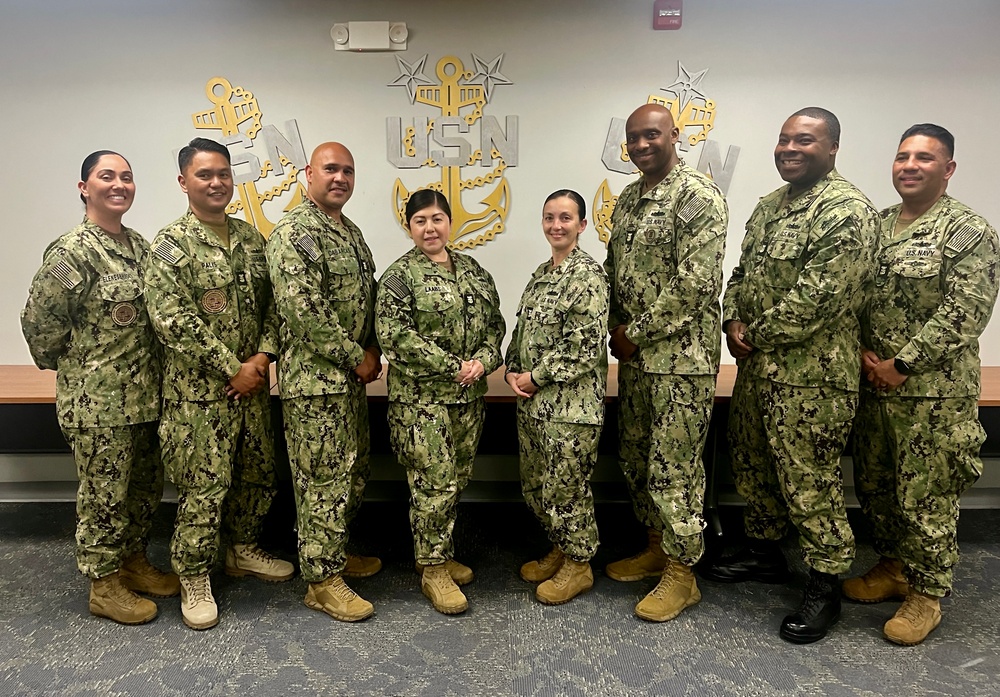 Master Chiefs stand together after finishing an advancement workshop