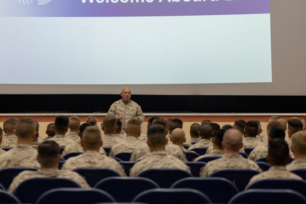 New, incoming Marines receive ‘Welcome Aboard’ brief.