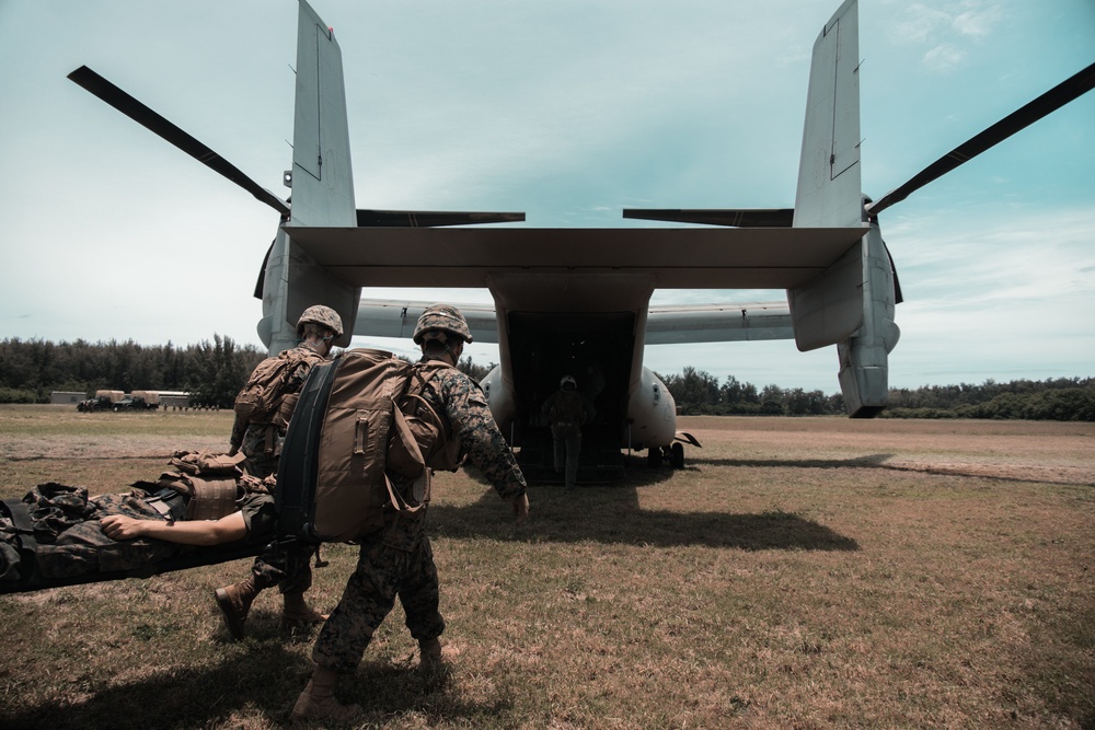 Bravo Surgical Company conducts a simulated casualty evacuation training at Marine Corps Training Area Bellows