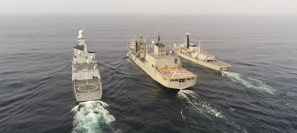 Allied ships conduct replenishment-at-sea during Formidable Shield 2023