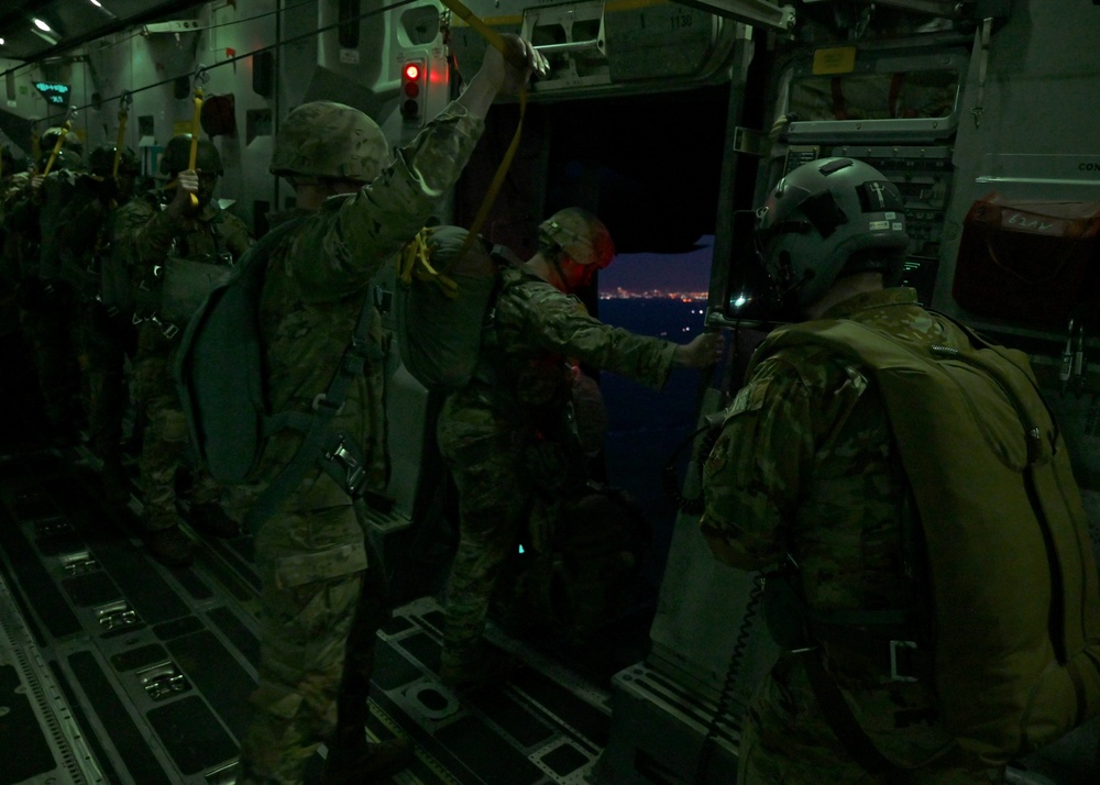 Dutch paratroopers static line jump from 62d AW C-17