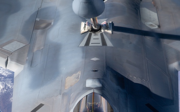 KC-135 refuels Raptors during Northern Edge 23-1