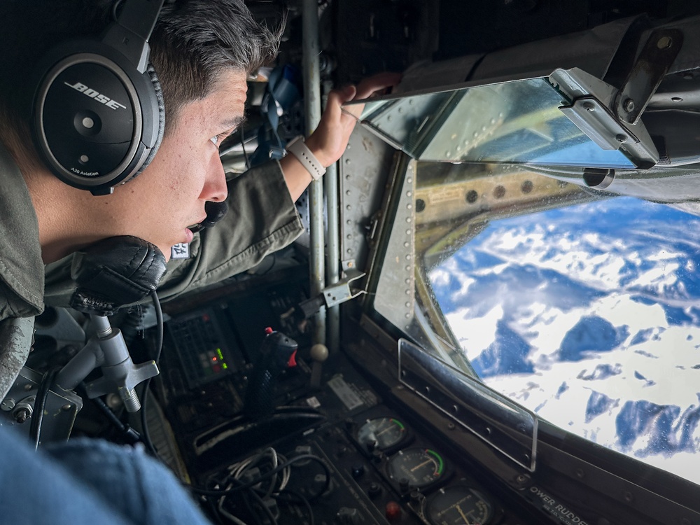 KC-135 refuels Raptors during Northern Edge 23-1