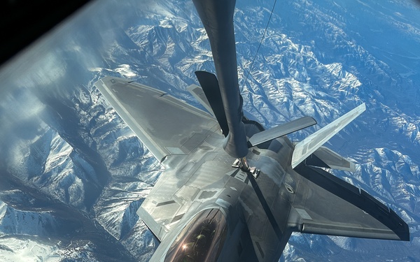 KC-135 refuels Raptors during Northern Edge 23-1