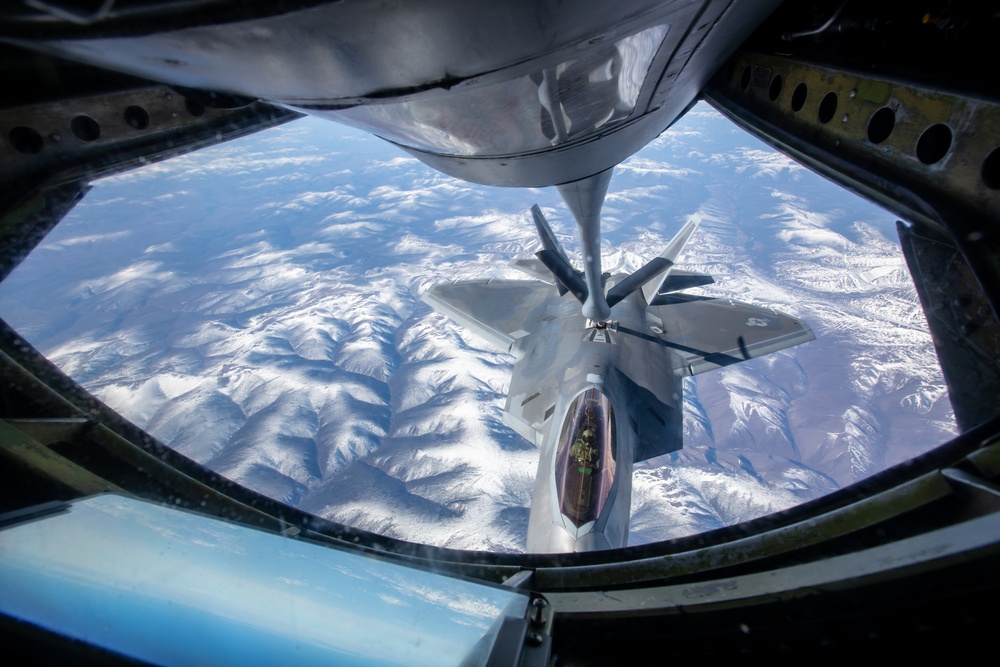 KC-135 refuels Raptors during Northern Edge 23-1