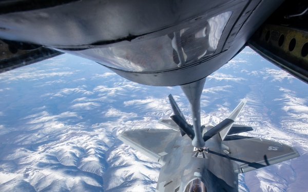 KC-135 refuels Raptors during Northern Edge 23-1