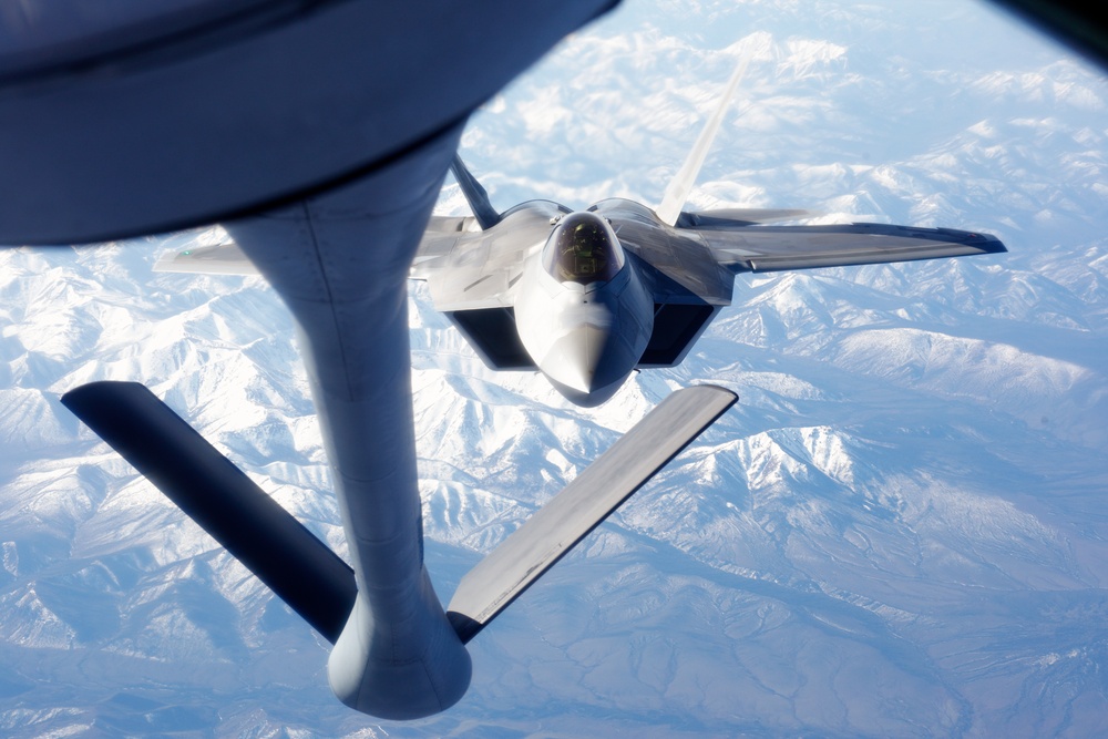 KC-135 refuels Raptors during Northern Edge 23-1