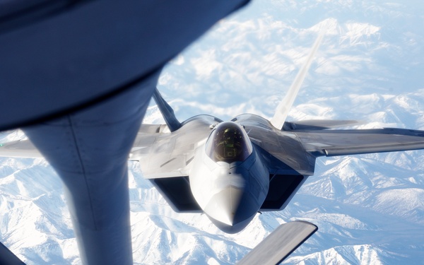 KC-135 refuels Raptors during Northern Edge 23-1